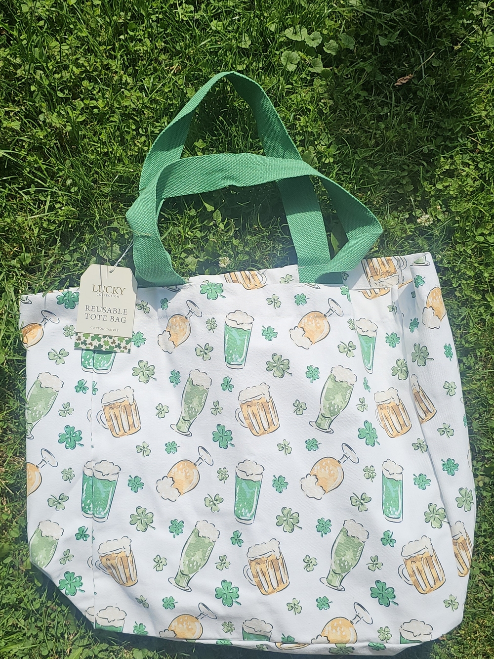 Lucky Brand White Tote Bag with Green and Gold Beer & Shamrock Print